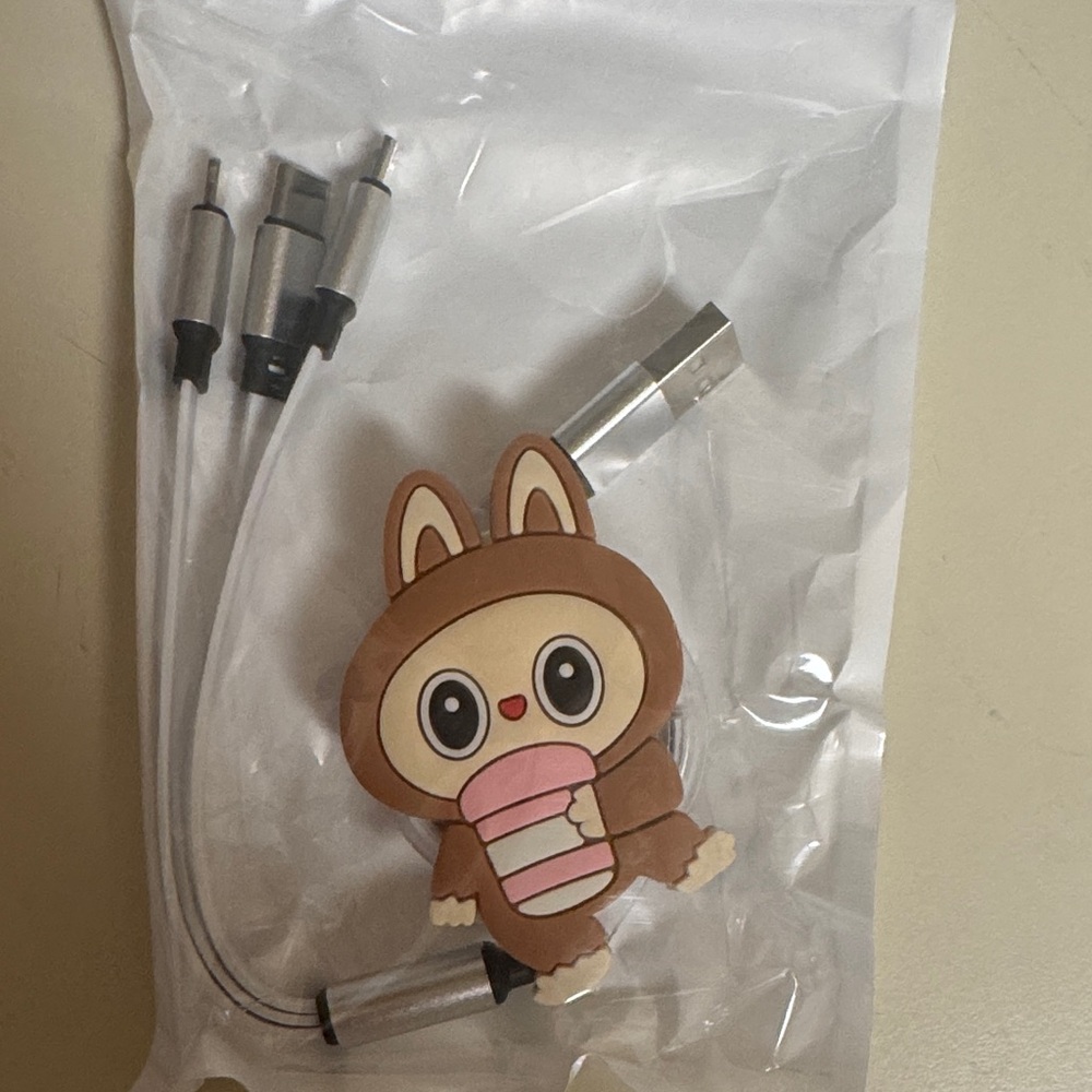 Labubu Multi-Connector Charging Cable - Brown & Pink - retracting charging cable